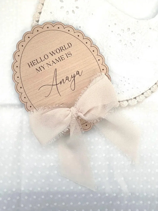 Hello World Baby Name Plaque with Chiffon Ribbon