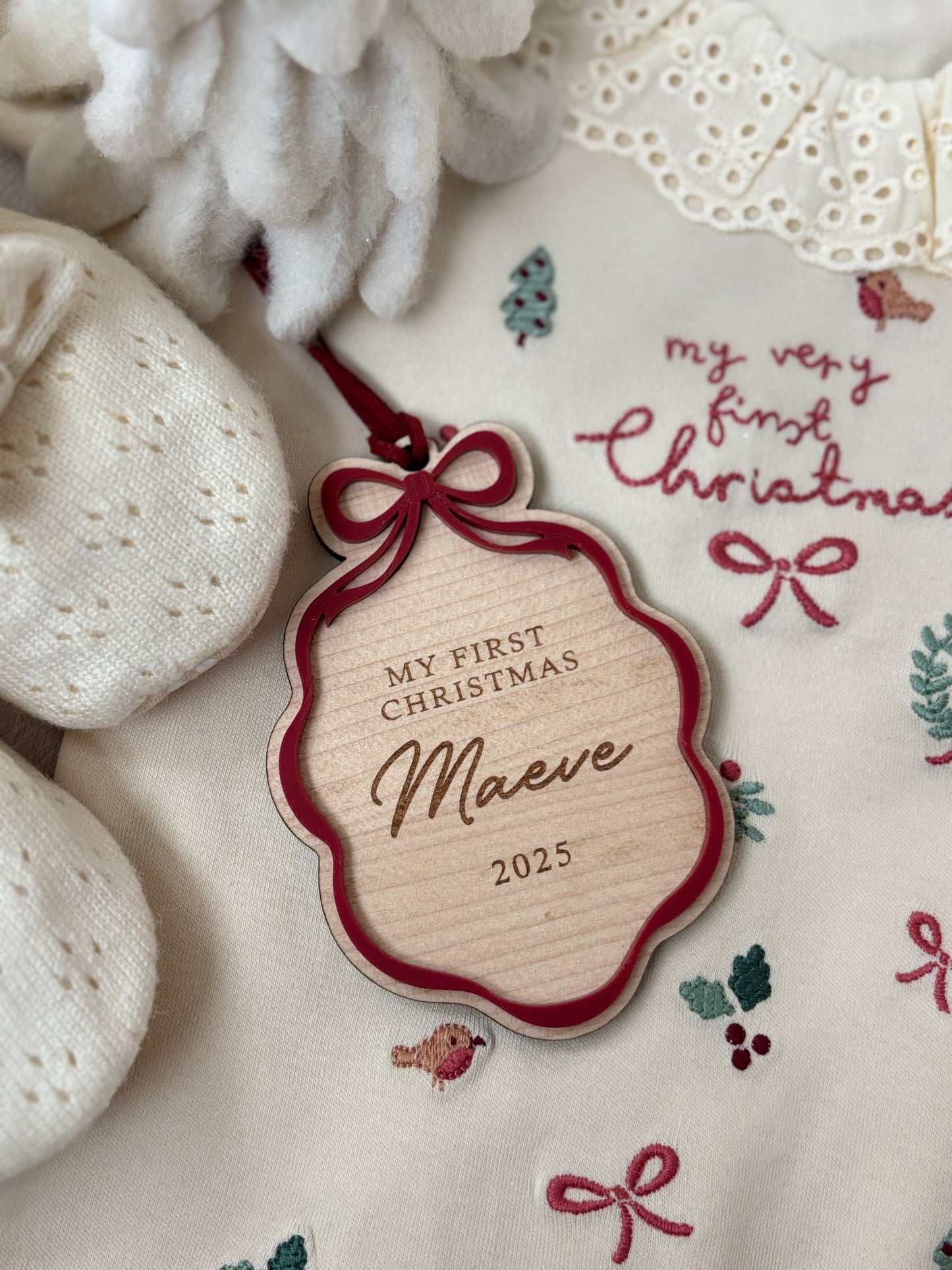 First Christmas Bow Photo Plaque & Bauble