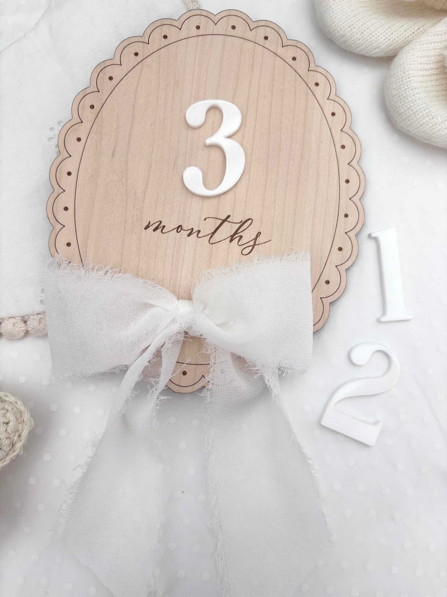Scallop Wooden Monthly Milestone Markers Set with Chiffon Bow- Baby Gift