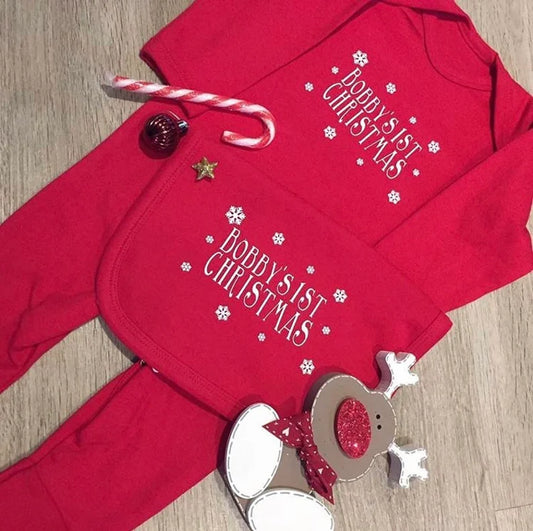 Personalised Red Romper & Bib set - My first Christmas snowflake