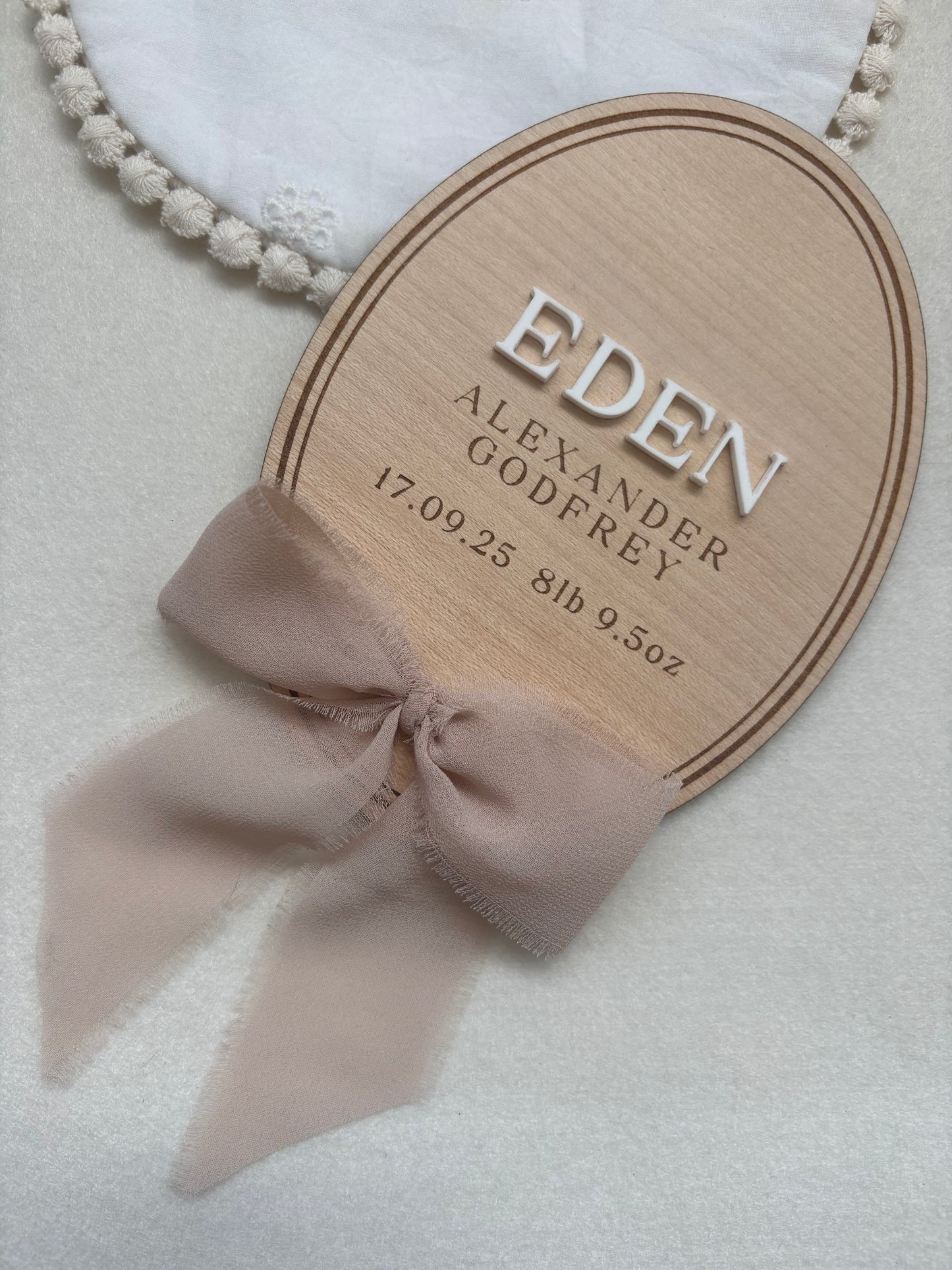 Personalised Wooden Birth Announcement Plaque with Chiffon Ribbon