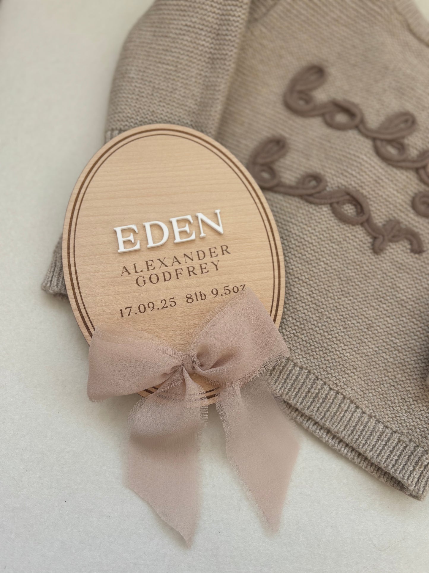 Personalised Wooden Birth Announcement Plaque with Chiffon Ribbon