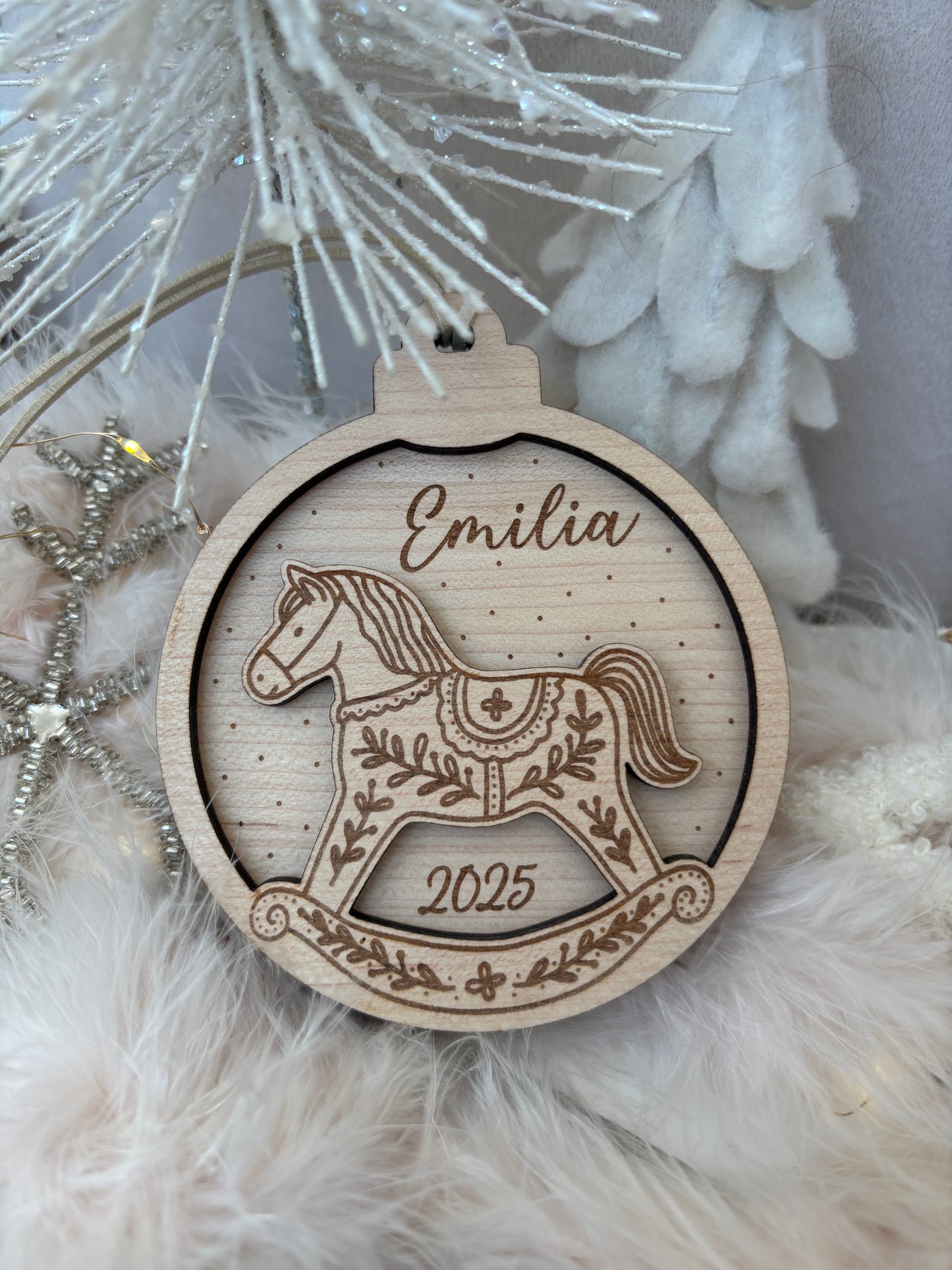 Personalised Rocking Horse, Gingerbread Bauble : Wooden Snowglobe Tree Ornament