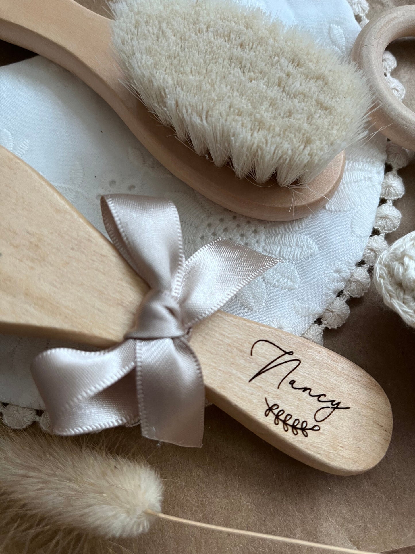 Personalised Baby’s 1st Brush Soft Wool & Wood Engraved Gift