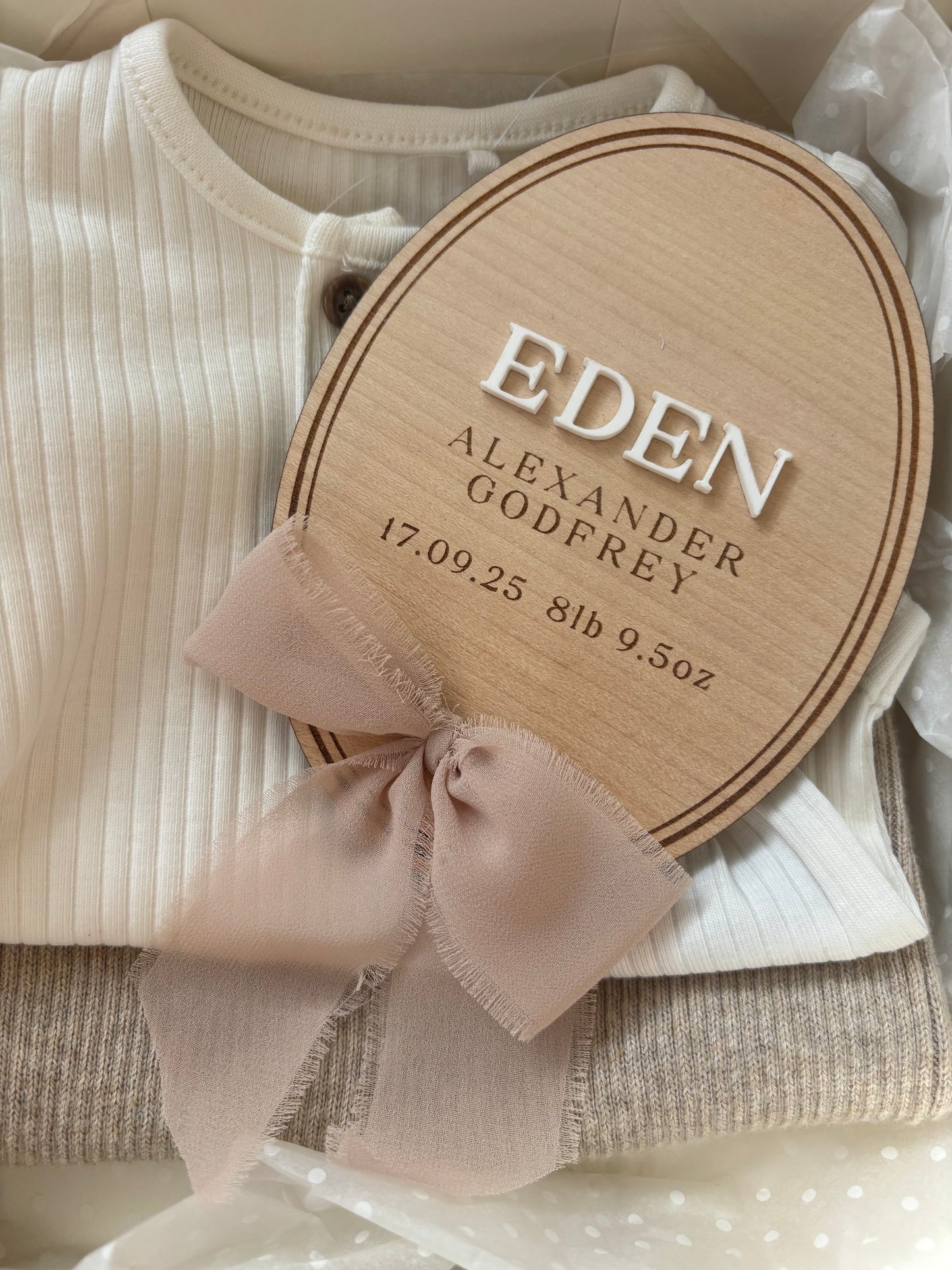Personalised Wooden Birth Announcement Plaque with Chiffon Ribbon