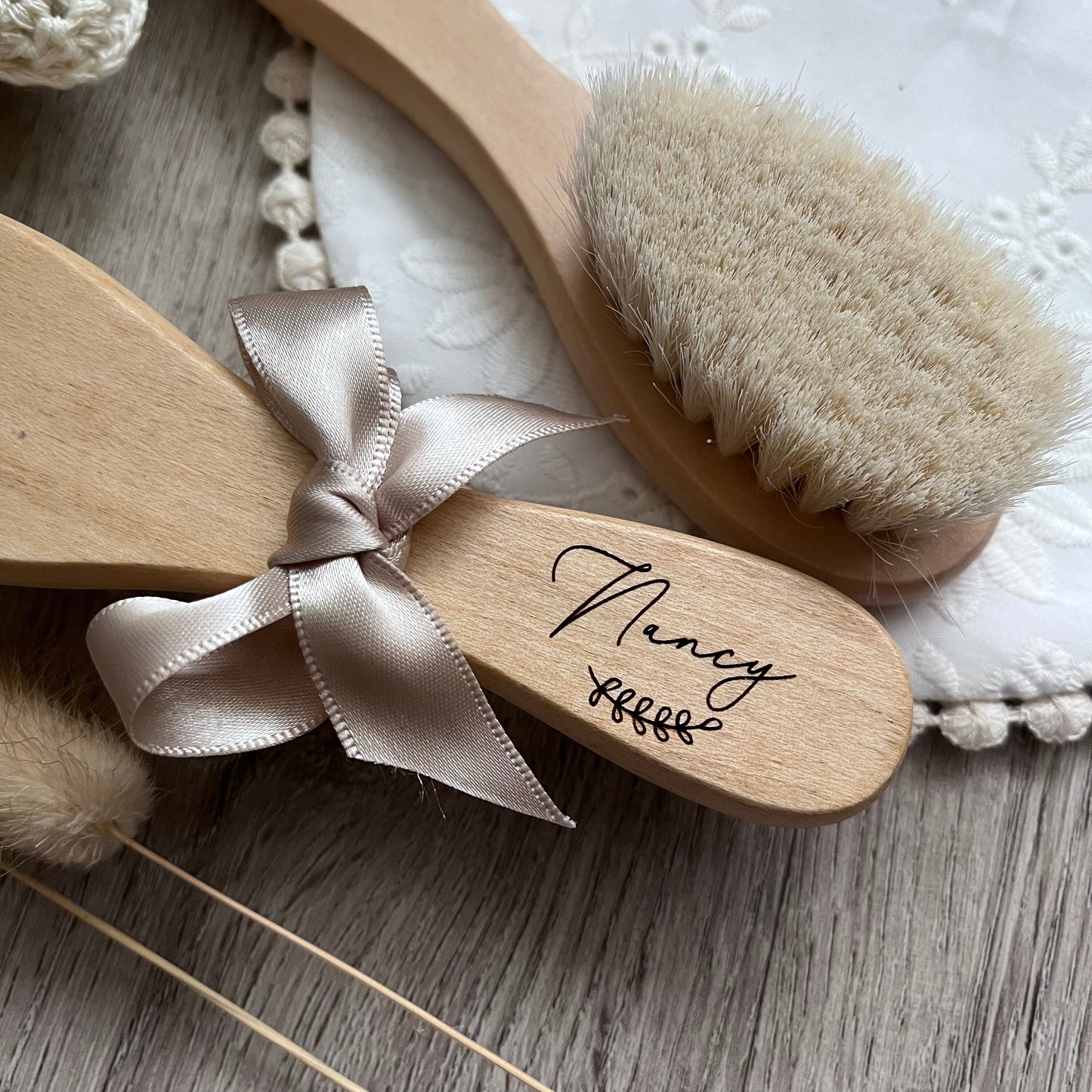 Personalised Baby’s 1st Brush Soft Wool & Wood Engraved Gift