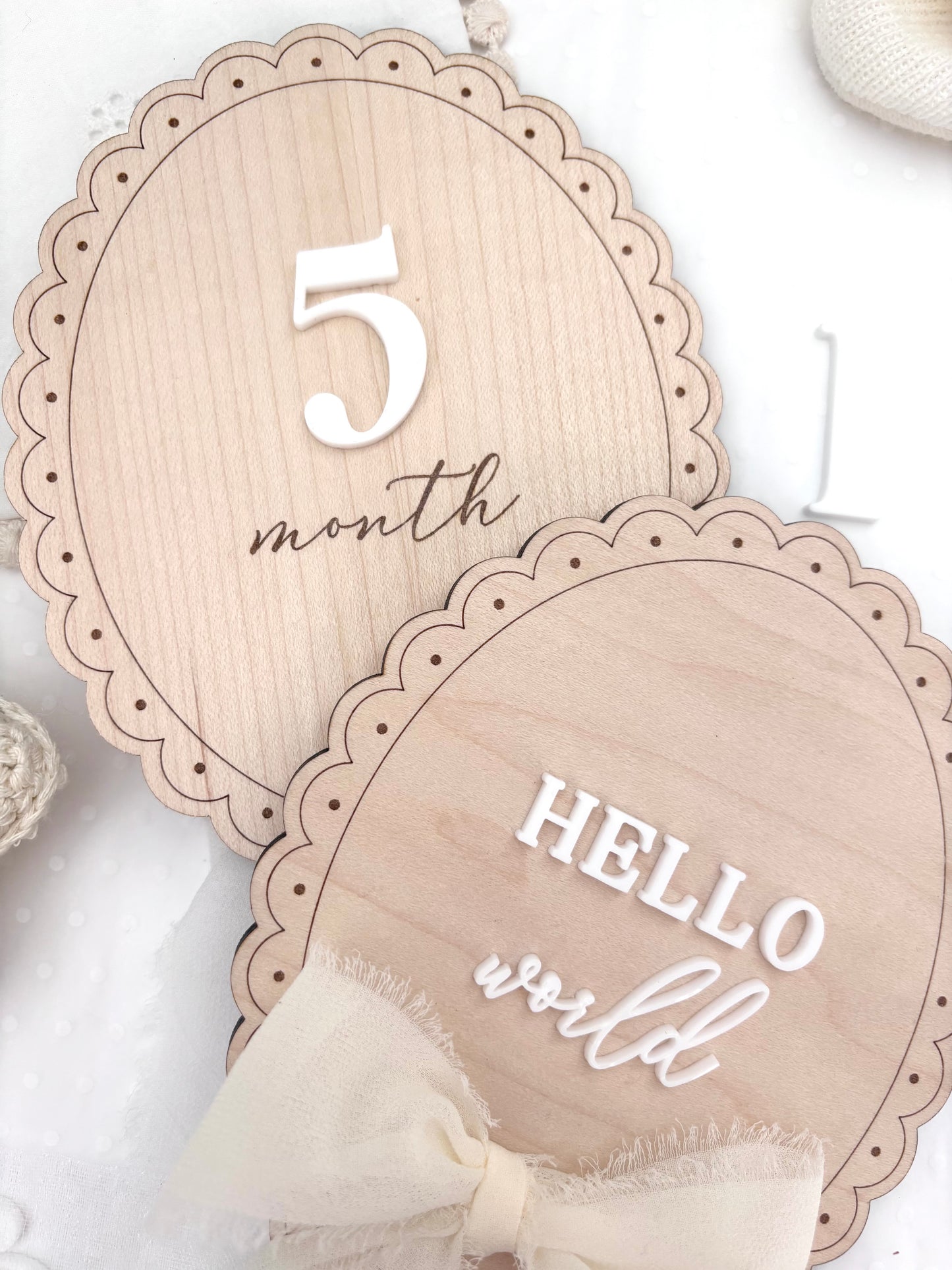 Scallop Wooden Monthly Milestone Markers Set with Chiffon Bow- Baby Gift