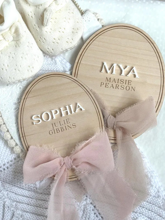 Personalised Baby Name Oval Plaque with Acrylic Name & Chiffon Ribbon