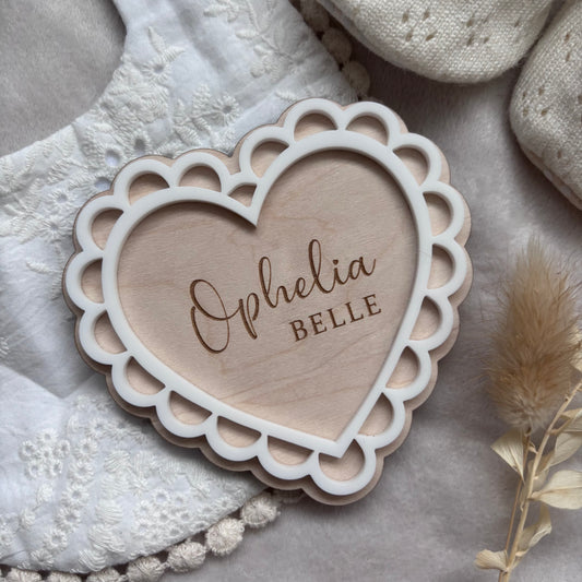 Personalised Scallop Heart Baby Name Announcement Plaque