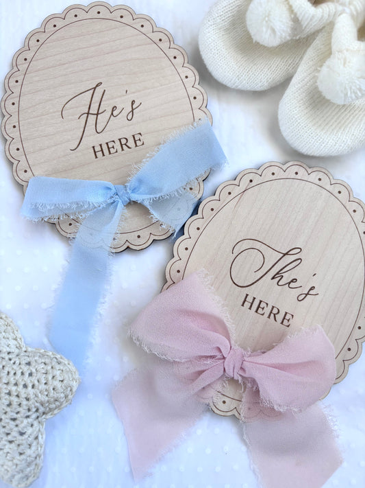 He’s Here, She’s Here Wooden Birth Announcement Plaque
