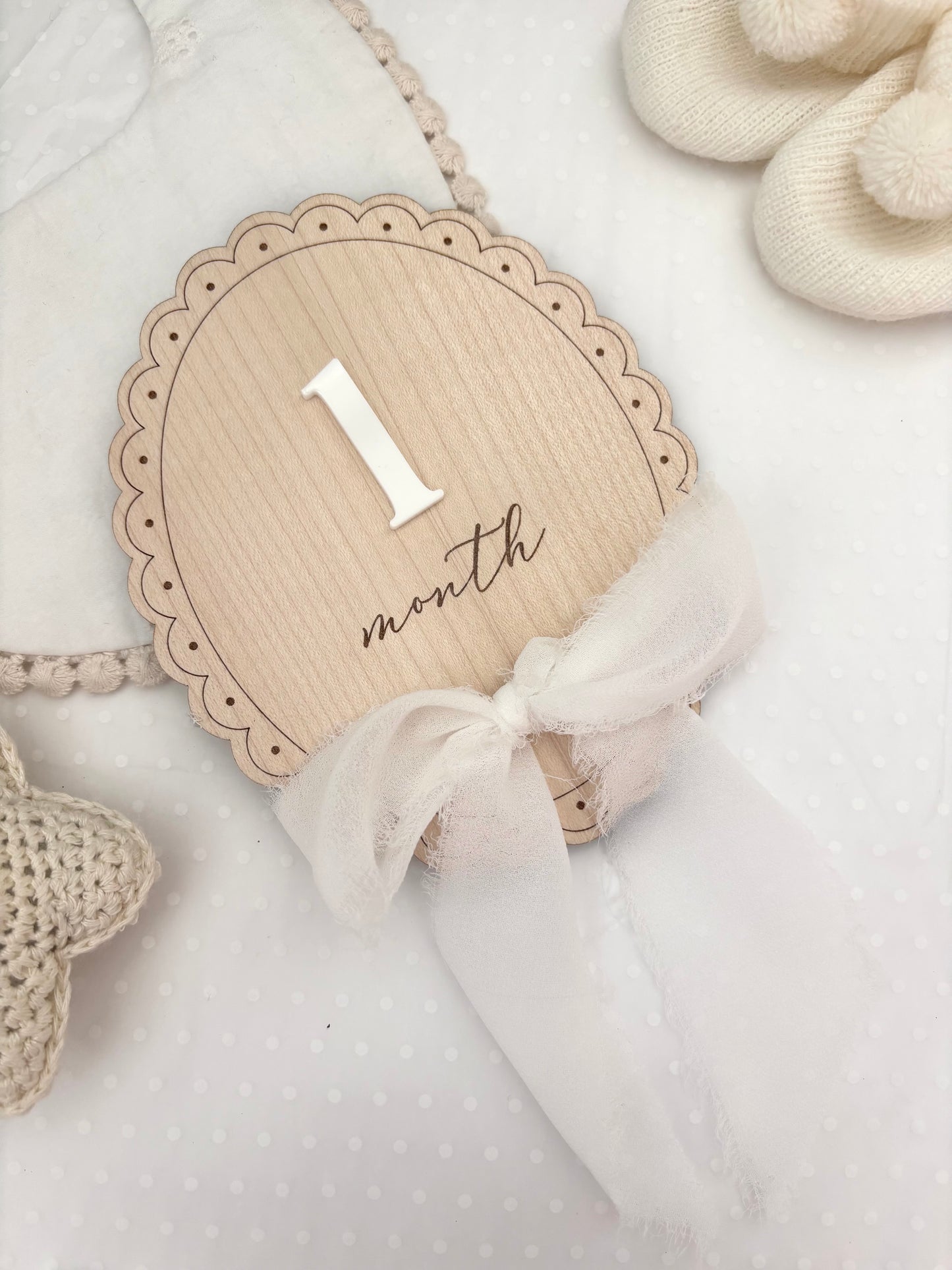 Scallop Wooden Monthly Milestone Markers Set with Chiffon Bow- Baby Gift
