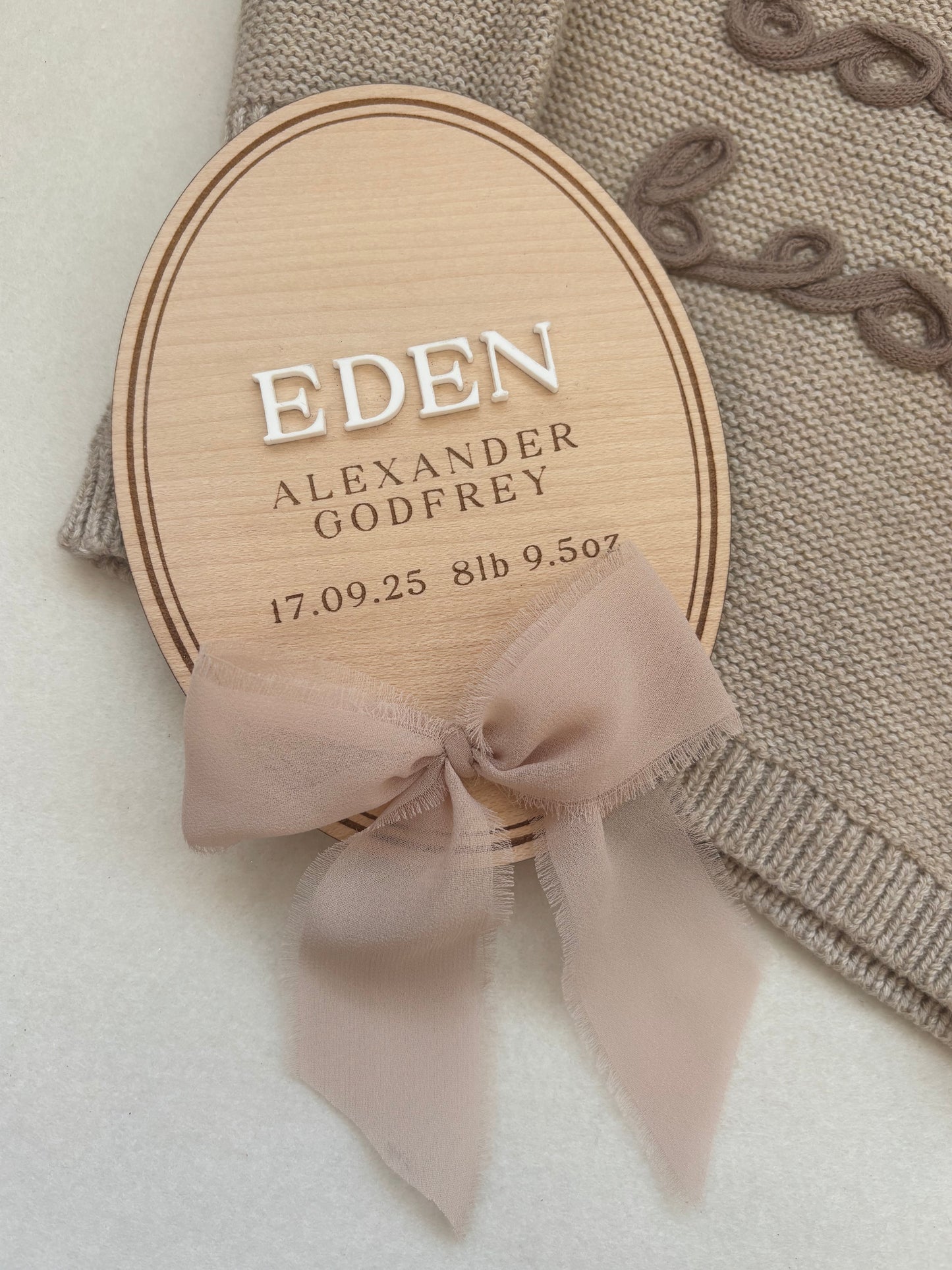 Personalised Wooden Birth Announcement Plaque with Chiffon Ribbon