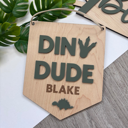 Dino Dude Personalised Plaque and Name Flag