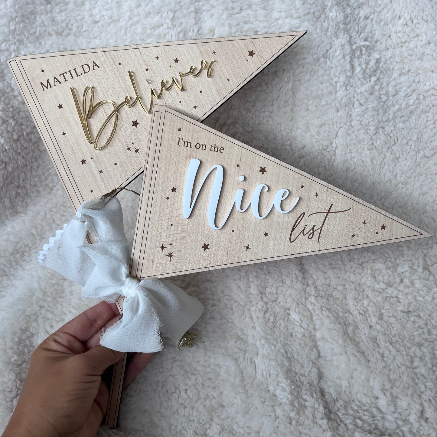 Nice list and Believe Wooden Christmas Flags