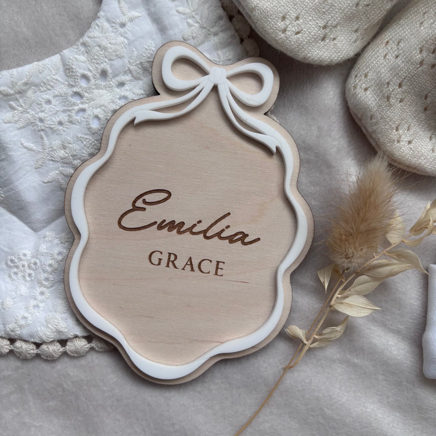 Personalised Ribbon Frame Baby Name Announcement Plaque