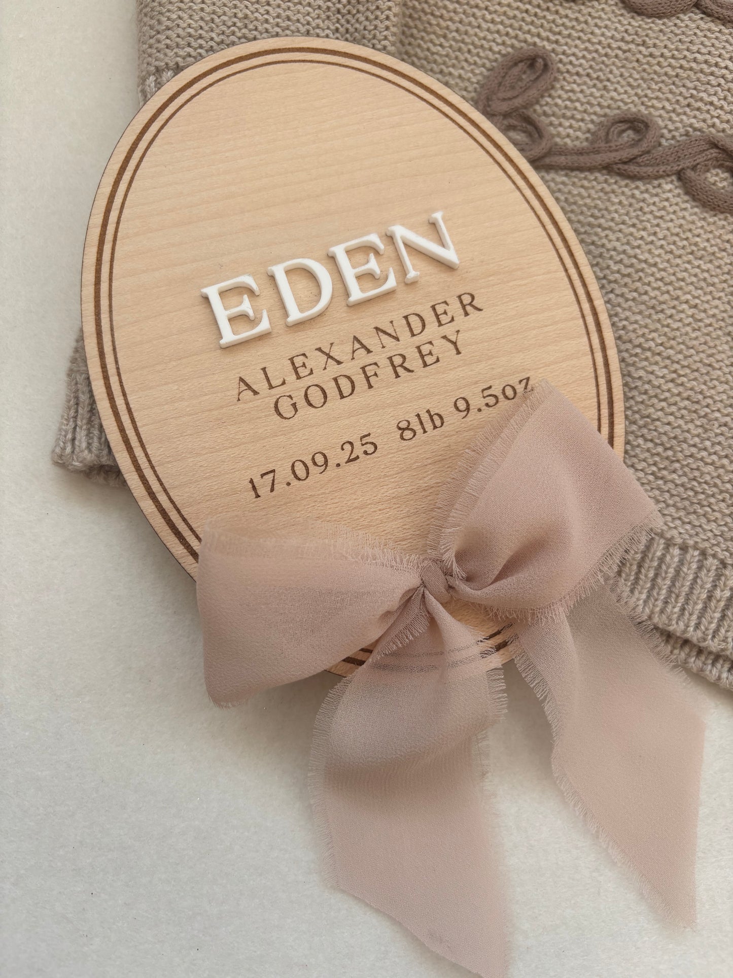 Personalised Wooden Birth Announcement Plaque with Chiffon Ribbon