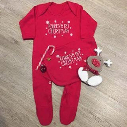 Personalised Red Romper & Bib set - My first Christmas snowflake