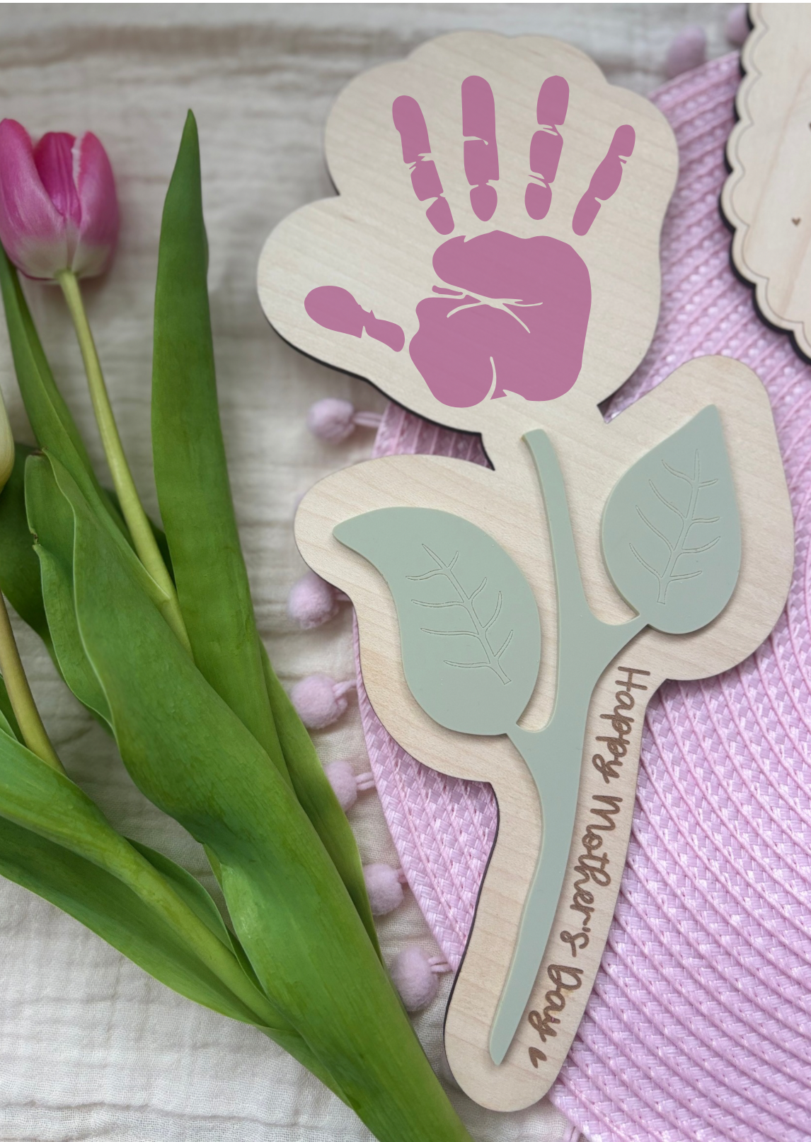 Mother's Day Flower Handprint Keepsake - First Mother’s Day Personalised Gift Plaque Wood and Acrylic