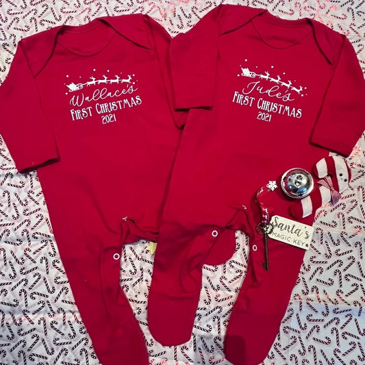 Personalised Red Romper & Bib set - My first Christmas