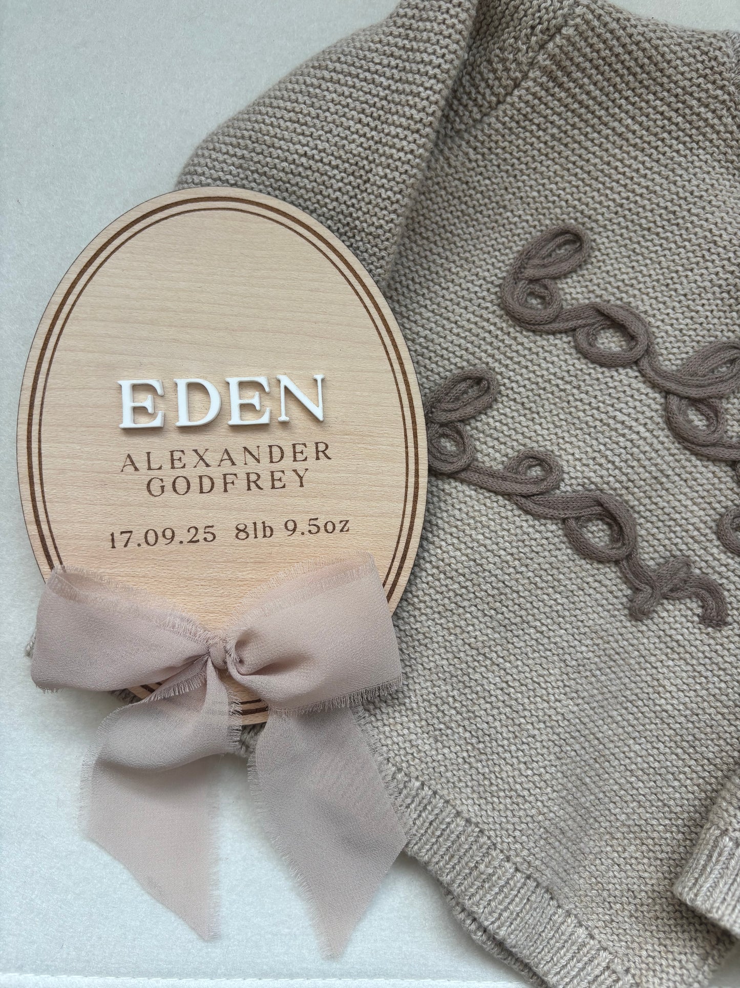 Personalised Wooden Birth Announcement Plaque with Chiffon Ribbon