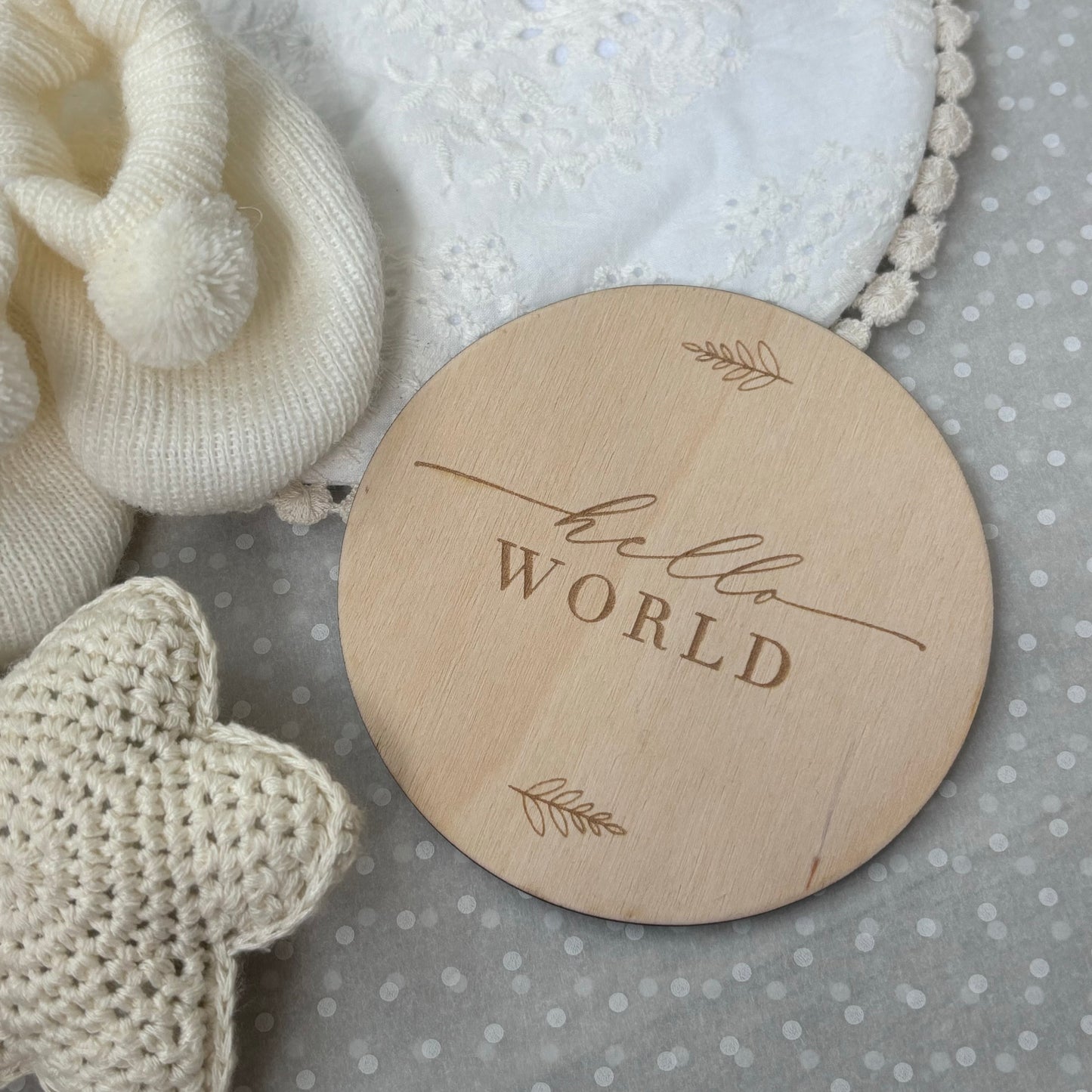 Hello World Birth Announcement Double Sided Wooden Disc