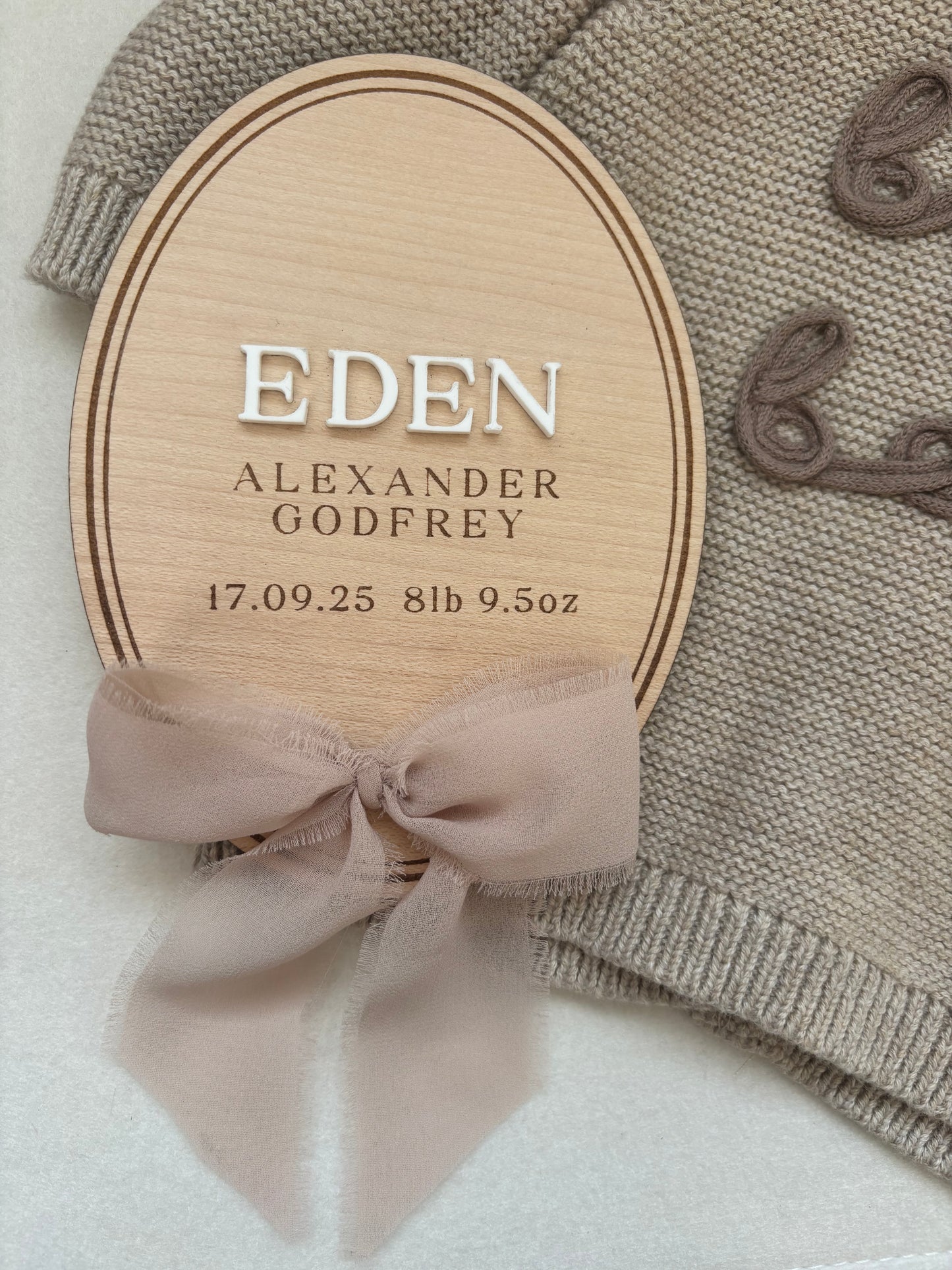 Personalised Wooden Birth Announcement Plaque with Chiffon Ribbon