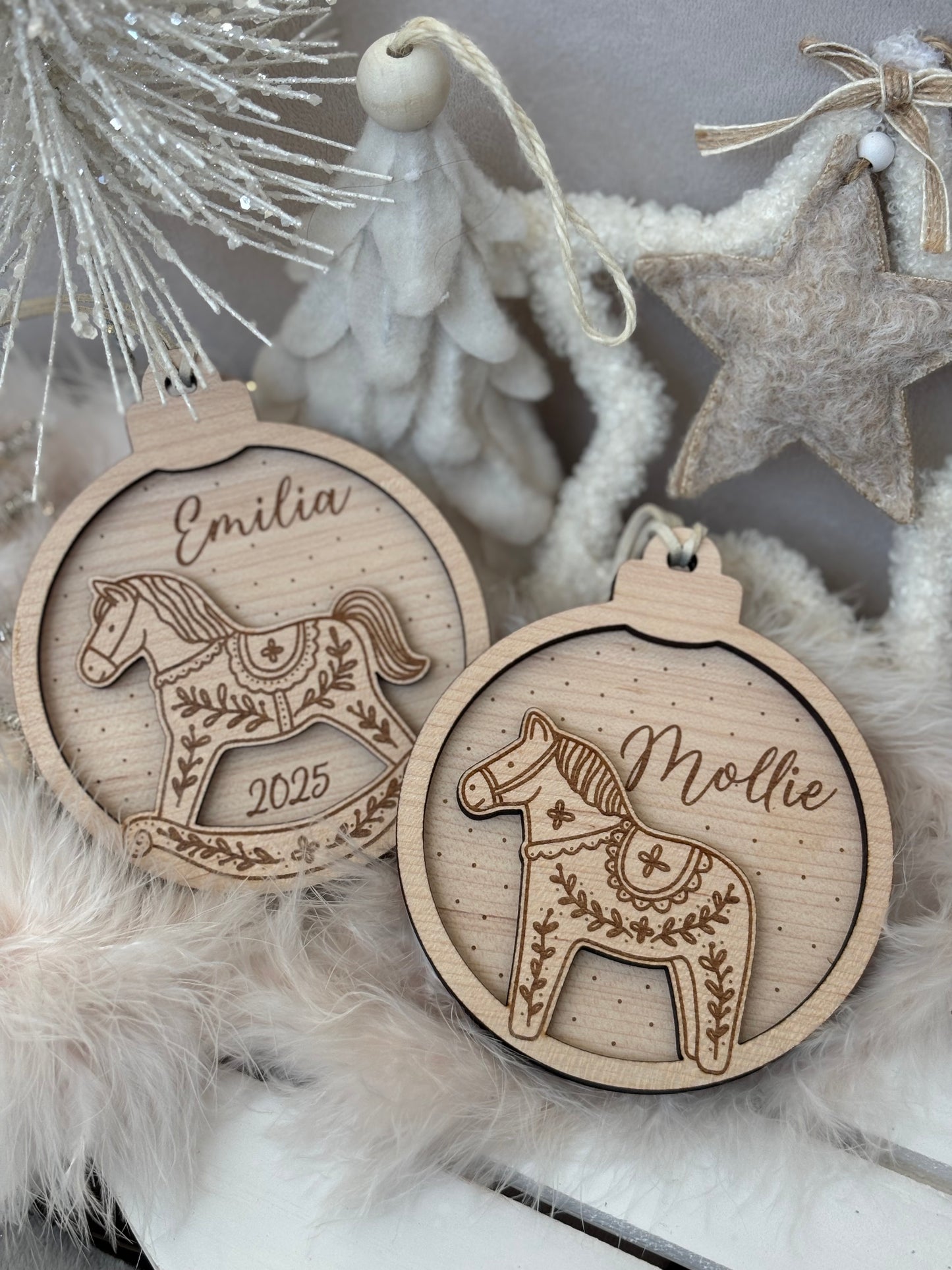 Personalised Rocking Horse, Gingerbread Bauble : Wooden Snowglobe Tree Ornament