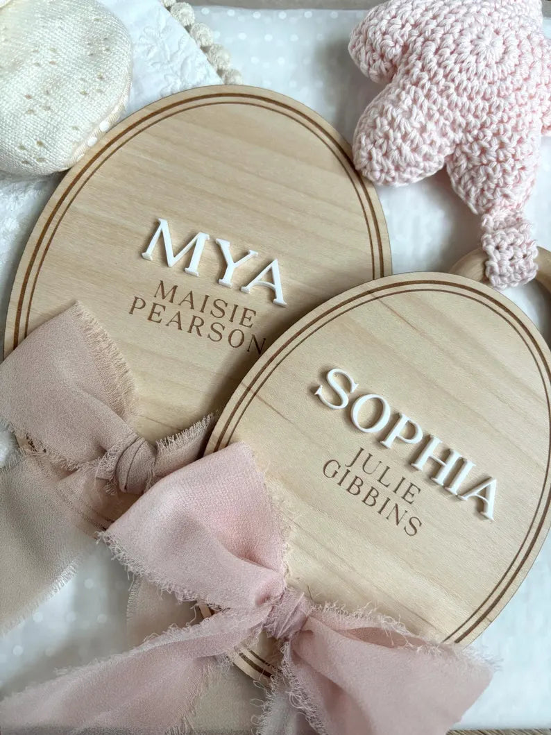 Personalised Baby Name Oval Plaque with Acrylic Name & Chiffon Ribbon