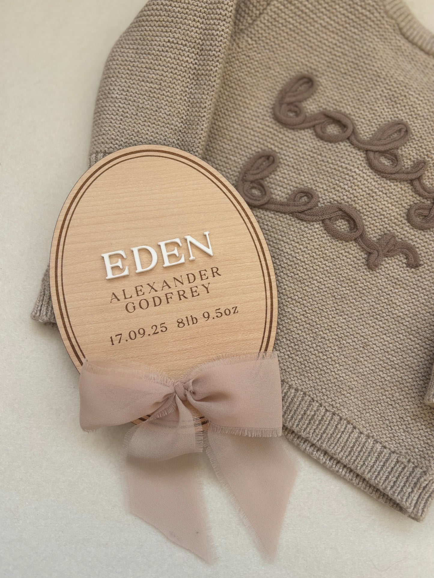 Personalised Wooden Birth Announcement Plaque with Chiffon Ribbon