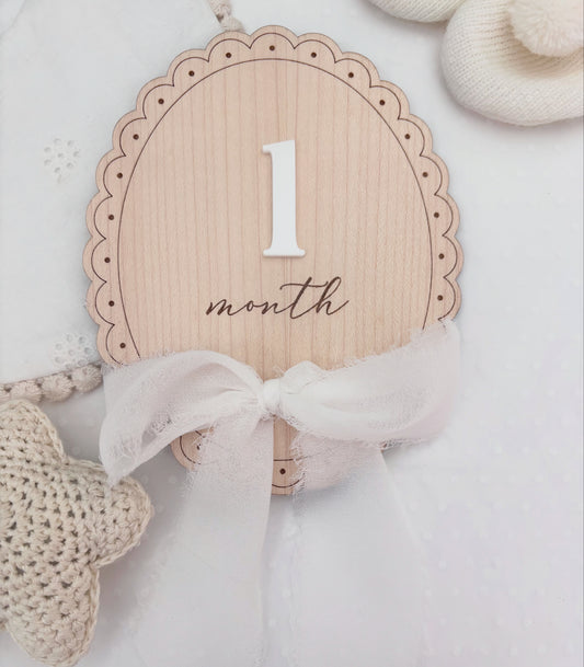 Scallop Wooden Monthly Milestone Markers Set with Chiffon Bow- Baby Gift