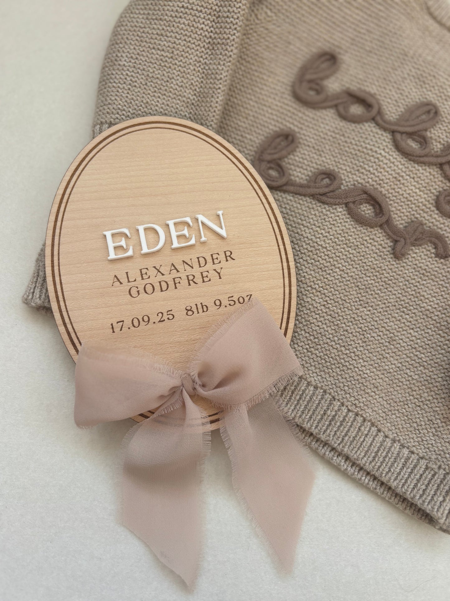 Personalised Wooden Birth Announcement Plaque with Chiffon Ribbon