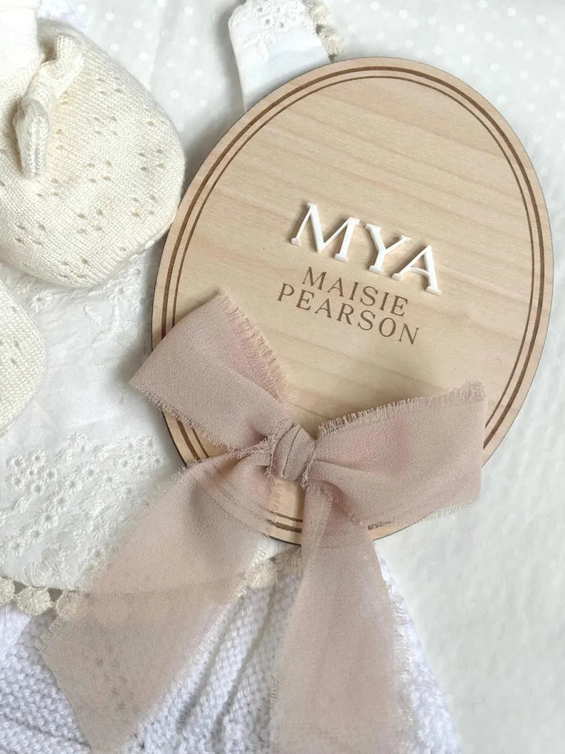 Personalised Baby Name Oval Plaque with Acrylic Name & Chiffon Ribbon