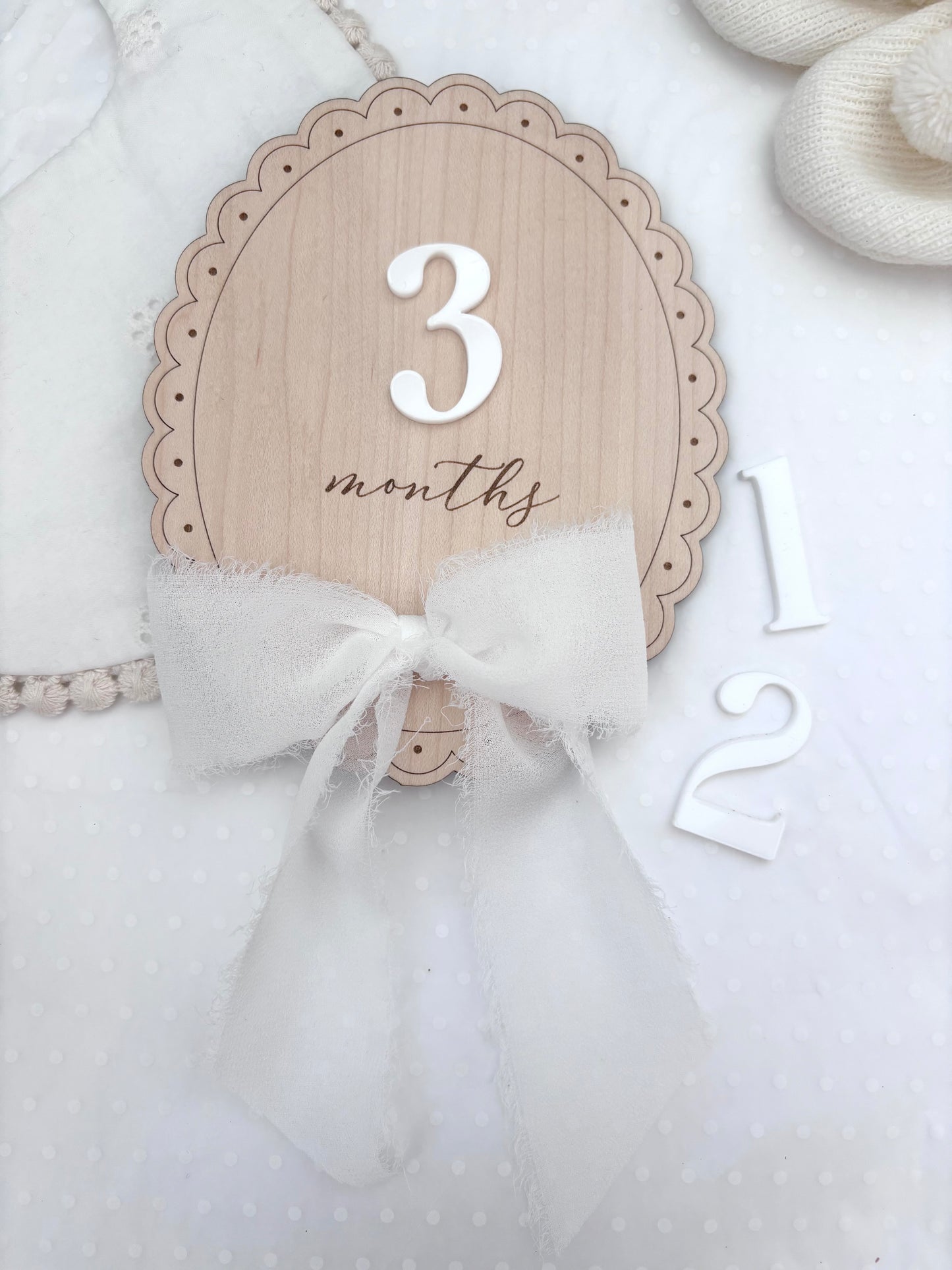 Scallop Wooden Monthly Milestone Markers Set with Chiffon Bow- Baby Gift