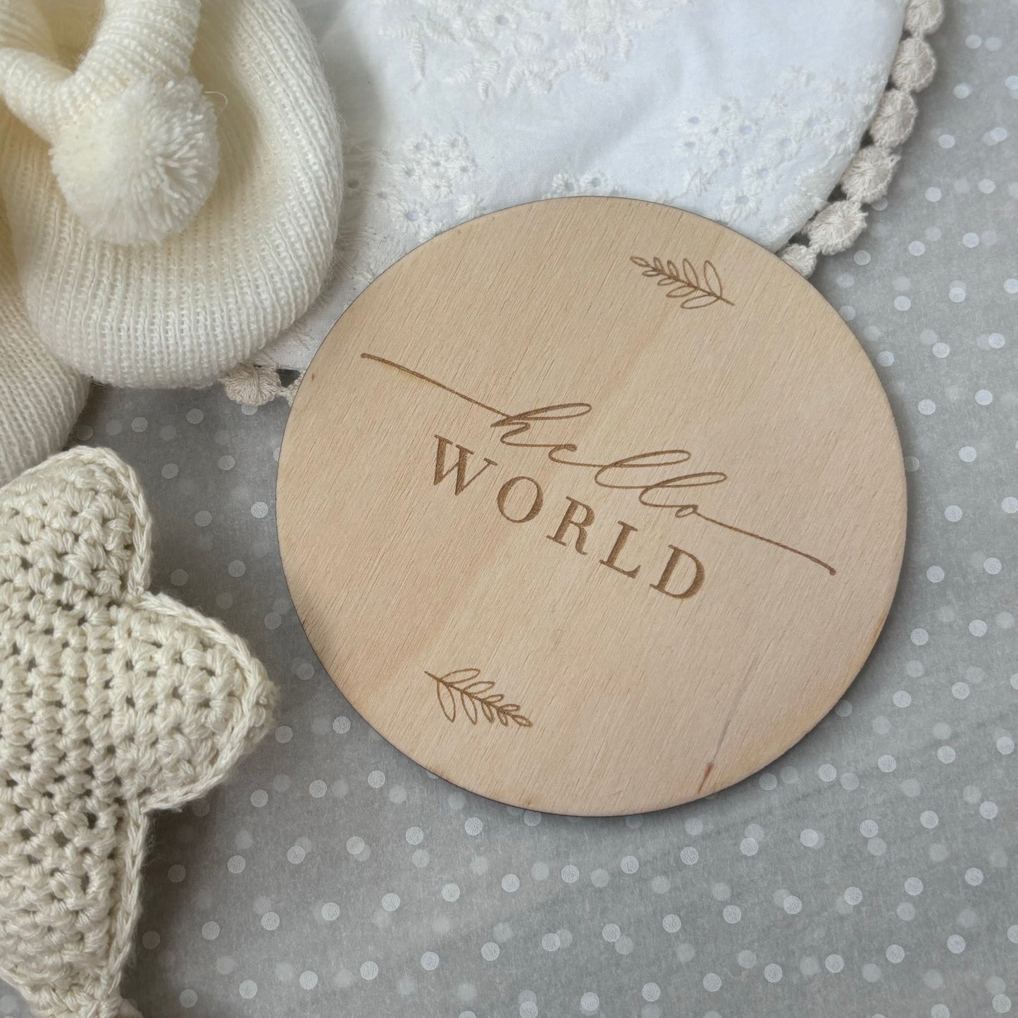 Hello World Birth Announcement Double Sided Wooden Disc