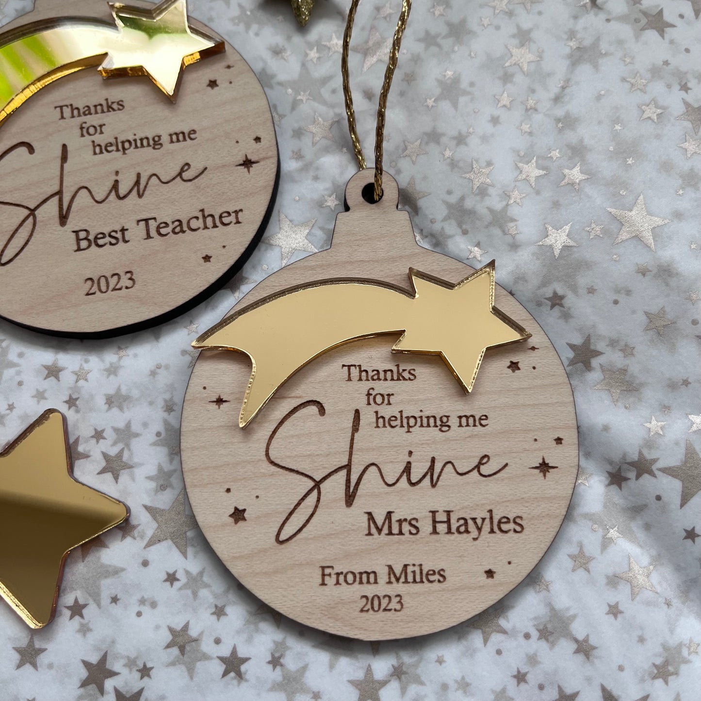 Personalised Thank you for helping me shine Teacher Bauble