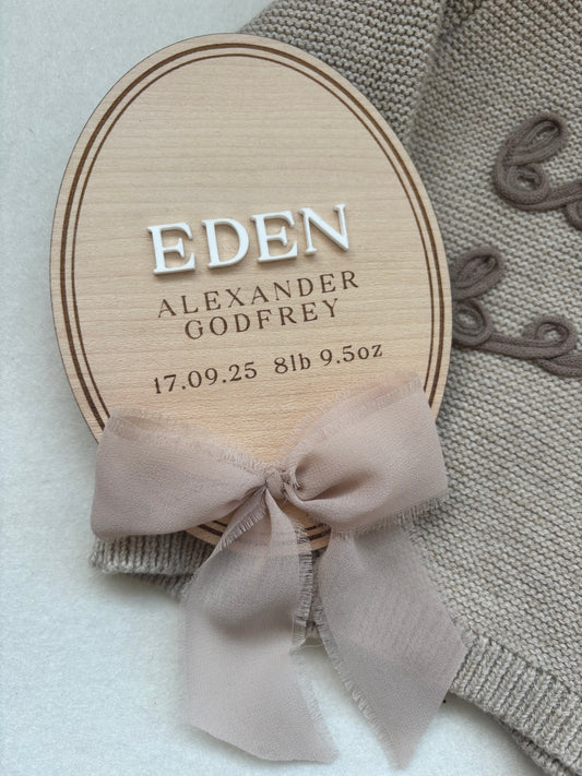 Personalised Wooden Birth Announcement Plaque with Chiffon Ribbon