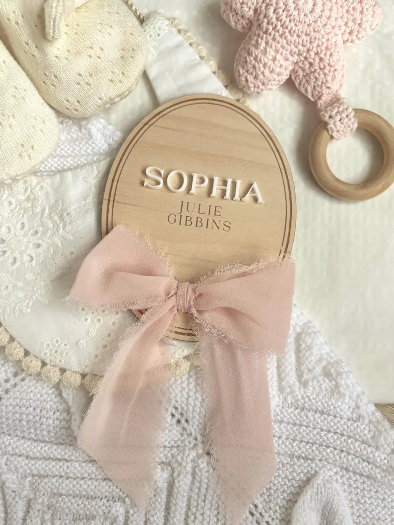 Personalised Baby Name Oval Plaque with Acrylic Name & Chiffon Ribbon