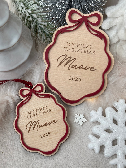 First Christmas Bow Photo Plaque & Bauble