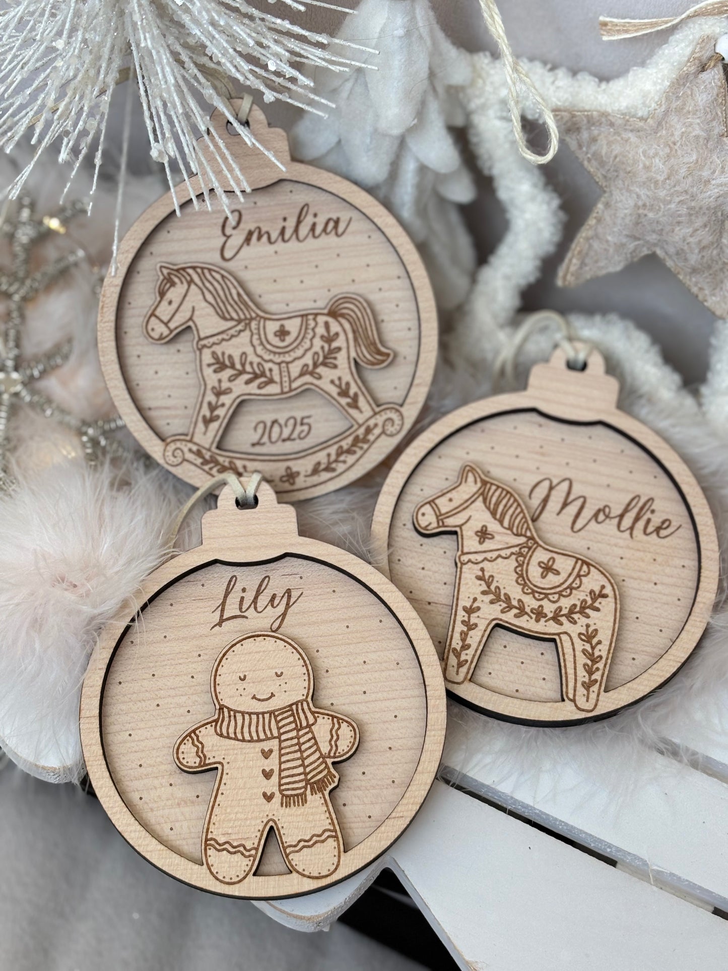 Personalised Rocking Horse, Gingerbread Bauble : Wooden Snowglobe Tree Ornament