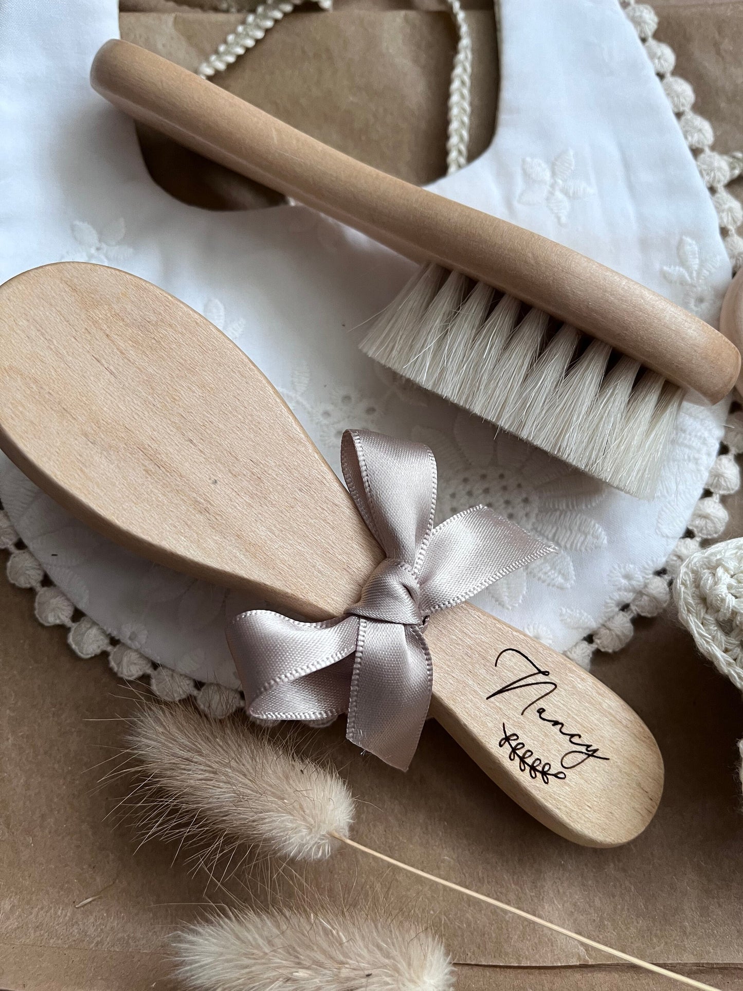 Personalised Baby’s 1st Brush Soft Wool & Wood Engraved Gift