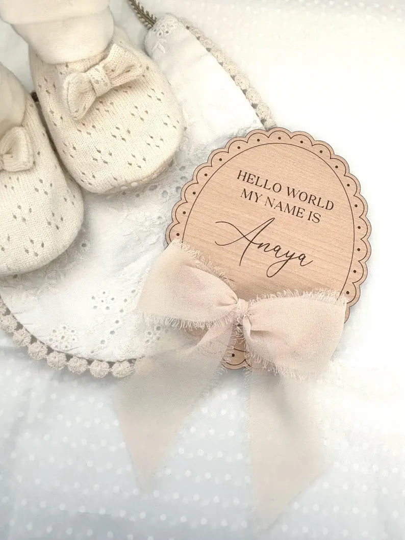 Hello World Baby Name Plaque with Chiffon Ribbon
