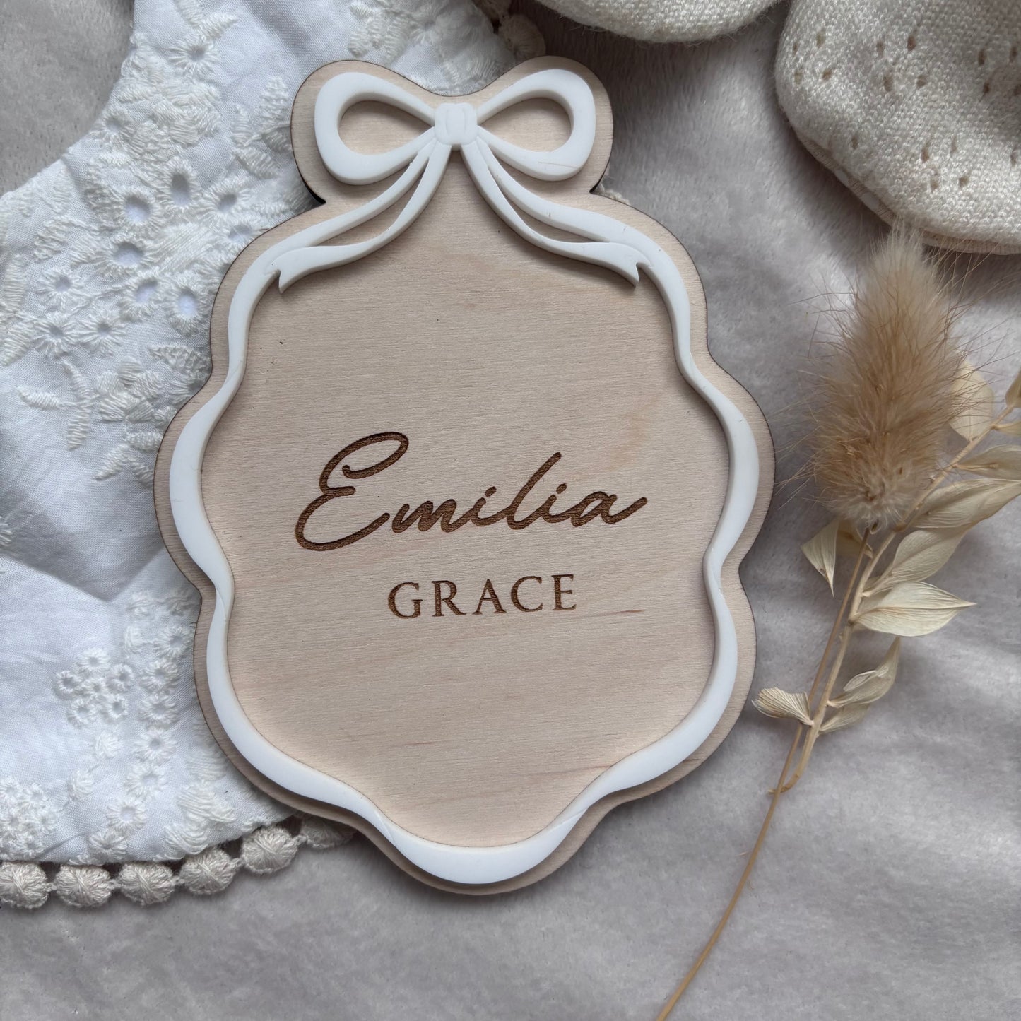 Personalised Ribbon Frame Baby Name Announcement Plaque