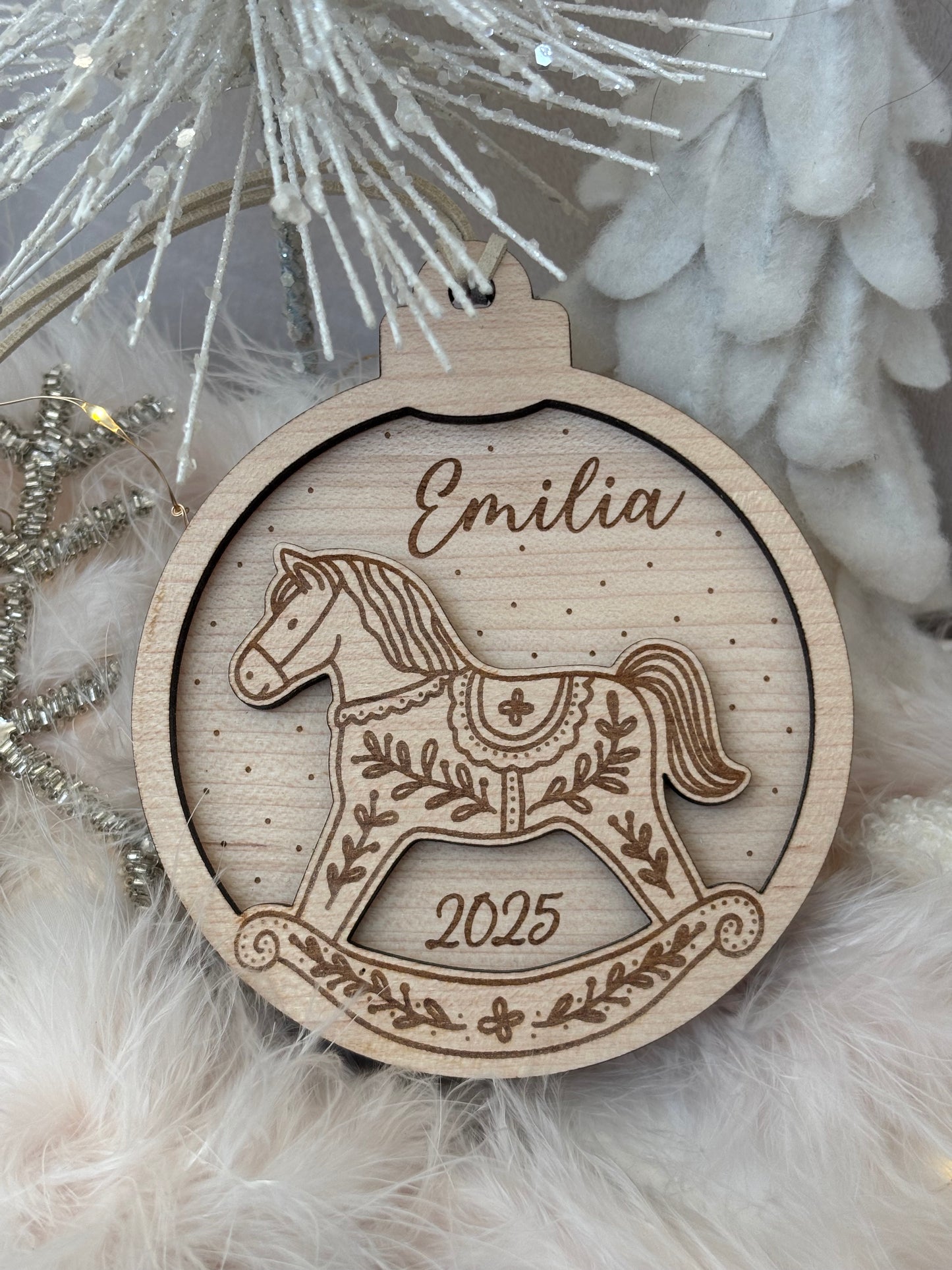 Personalised Rocking Horse, Gingerbread Bauble : Wooden Snowglobe Tree Ornament