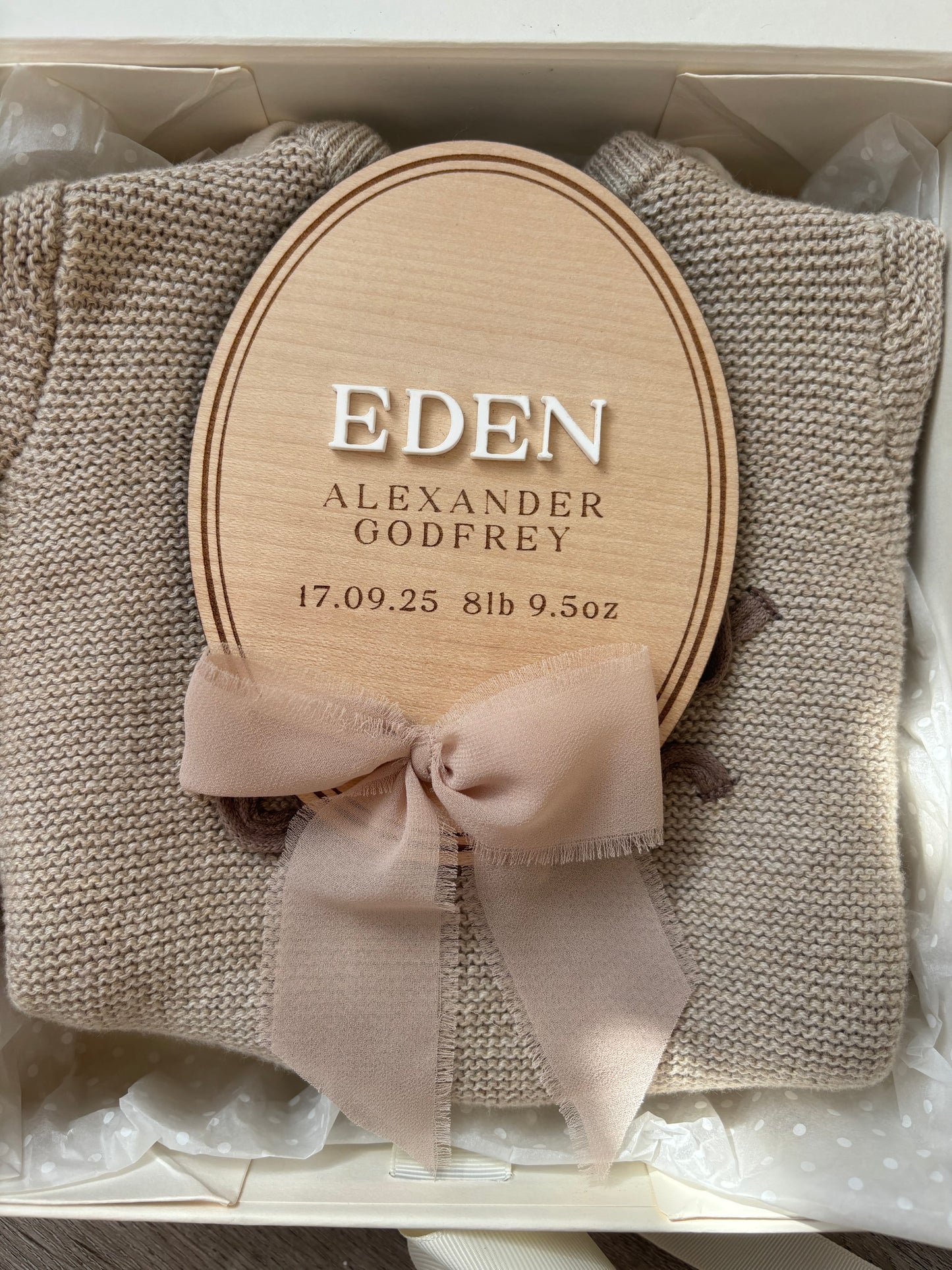 Personalised Wooden Birth Announcement Plaque with Chiffon Ribbon