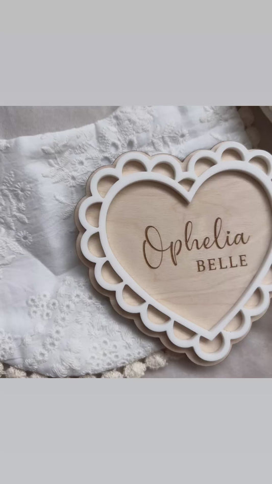 Personalised Scallop Heart Baby Name Announcement Plaque