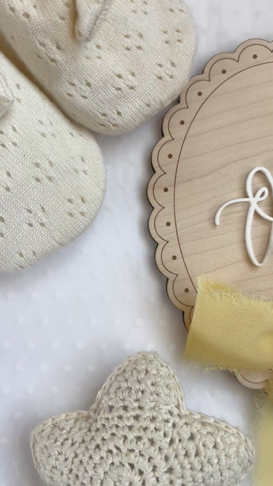 Personalised Baby Name Reveal Wooden Scallop Bow Plaque