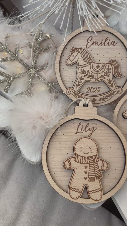 Personalised Rocking Horse, Gingerbread Bauble : Wooden Snowglobe Tree Ornament